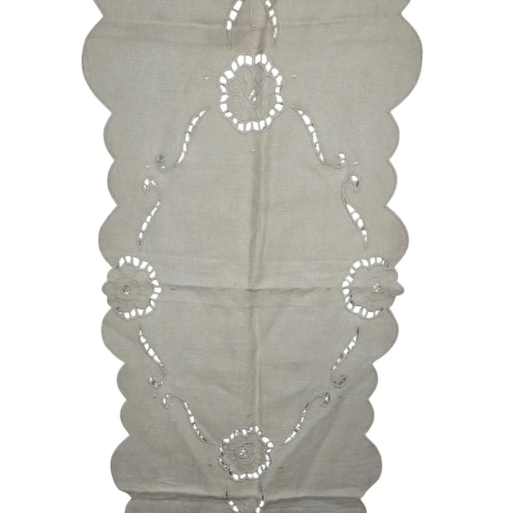 Vintage Beige Linen Floral Cutwork Scalloped Table Runner 16x50 Cottagecore Boho